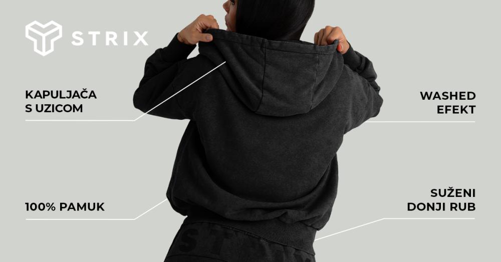 Ženska isprana majica s kapuljačom s patentnim zatvaračem crna - STRIX